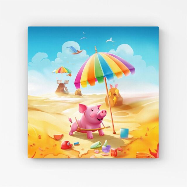 "Warren Reed - Designer Pig On A Beach Holiday Canvas in Yellow - Size: W30"" x H30""" - image 1