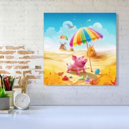 "Warren Reed - Designer Pig On A Beach Holiday Canvas in Yellow - Size: W30"" x H30""" - thumbnail 2