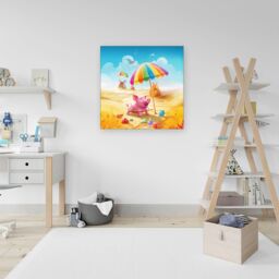 "Warren Reed - Designer Pig On A Beach Holiday Canvas in Yellow - Size: W30"" x H30""" - thumbnail 3