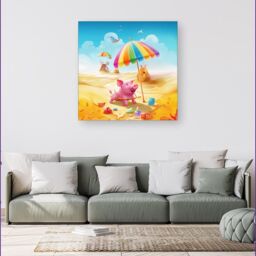 "Warren Reed - Designer Pig On A Beach Holiday Canvas in Yellow - Size: W30"" x H30""" - thumbnail 4