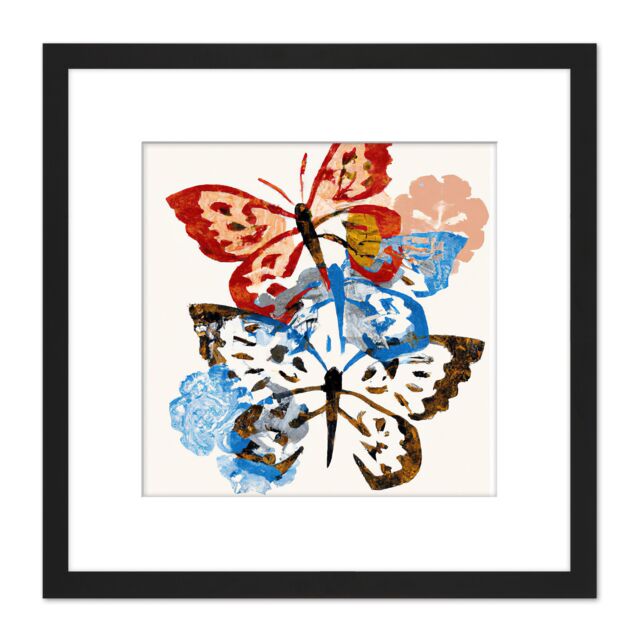 Artery8 Butterflies Stamp Style Art Blue Red & Brown on White Nature Painting Square Wooden Framed Wall Art Print Picture 8X8 Inch in Black - image 1