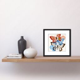 Artery8 Butterflies Stamp Style Art Blue Red & Brown on White Nature Painting Square Wooden Framed Wall Art Print Picture 8X8 Inch in Black - thumbnail 2
