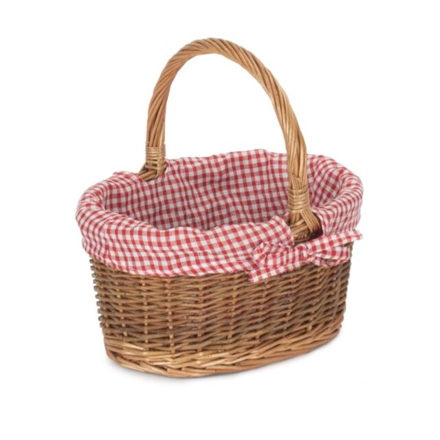 Red Hamper Wicker Small Red Checked Lined Country Oval Shopping Basket in Brown - image 1