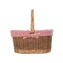 Red Hamper Wicker Small Red Checked Lined Country Oval Shopping Basket in Brown - thumbnail 3