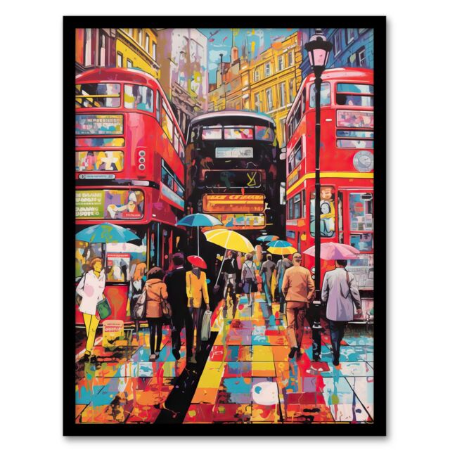 Artery8 Wall Art Print London Street In Neon Colours Oil Painting Rainy Day In Busy City Centre Street Vibrant Colourful Bold Pop Art Modern Painting - image 1