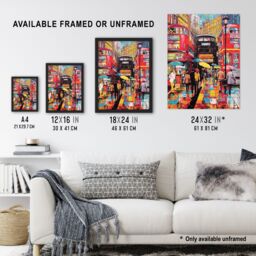 Artery8 Wall Art Print London Street In Neon Colours Oil Painting Rainy Day In Busy City Centre Street Vibrant Colourful Bold Pop Art Modern Painting - thumbnail 3