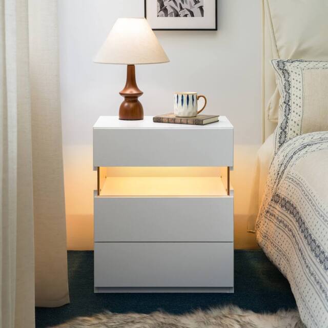 Matteo Modern White Bedside Table with Acrylic RGB LED & 3 Drawers - image 1