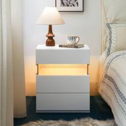 Matteo Modern White Bedside Table with Acrylic RGB LED & 3 Drawers