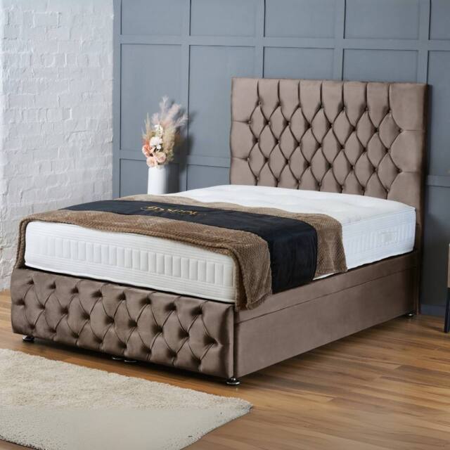 "BSSPOKE Mulberry Ottoman Divan Bed Plush Velvet 54"" Headboard & No Mattress in Taupe - Size: Double" - image 1