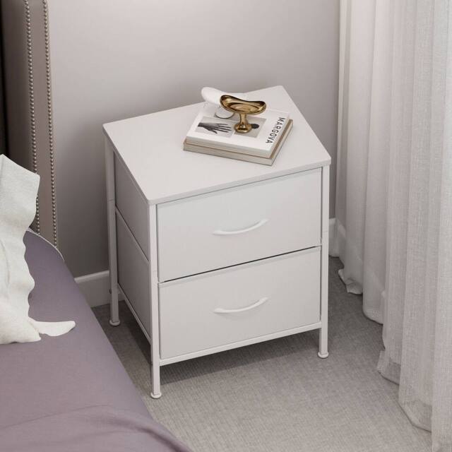 Levede Bedside Table 2 Fabric Drawer Nightstand Shelf Storage Cabinet in White - image 1