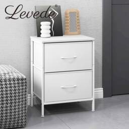 Levede Bedside Table 2 Fabric Drawer Nightstand Shelf Storage Cabinet in White - thumbnail 7