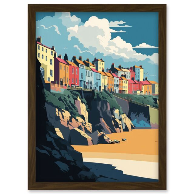 Artery8 Tenby Harbour Beach Coastal Town Illustration Artwork Framed Wall Art Print A4 in Brown - image 1