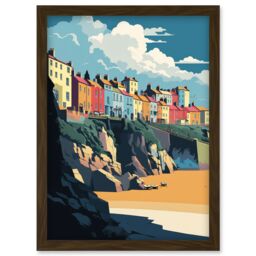Artery8 Tenby Harbour Beach Coastal Town Illustration Artwork Framed Wall Art Print A4 in Brown - thumbnail 1