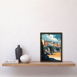 Artery8 Tenby Harbour Beach Coastal Town Illustration Artwork Framed Wall Art Print A4 in Brown - thumbnail 2