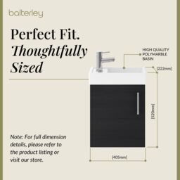 Balterley Saint Contemporary Bathroom Wall Hung 1 Soft-Close Door Vanity Unit & Rectangular Basin, Charcoal Black, 405 mm in Black - thumbnail 5