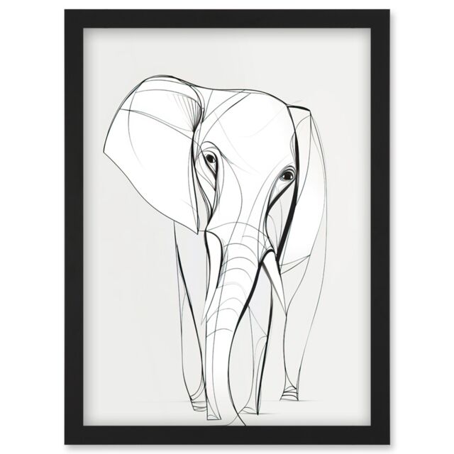 Artery8 Elephant Minimal Line Simple Drawing Illustration Artwork Framed Wall Art Print A4 in Black - image 1