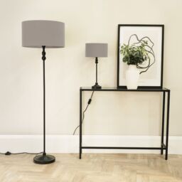 ValueLights Maggie Black Metal Candlestick Floor Lamp with Fabric Lamp Shade in Grey - thumbnail 3
