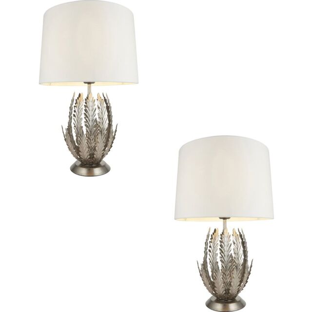 Loops 2 PACK Ornate Silver Table Lamp Ivory Cotton Fabric Shade Decorative Leaf Design in Metallics - image 1
