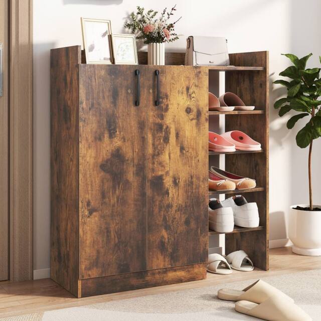 Costway Industrial Shoe Cabinet Shoe Wooden Storage Organizer w/4 Open Shelves in Brown - image 1