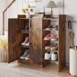 Costway Industrial Shoe Cabinet Shoe Wooden Storage Organizer w/4 Open Shelves in Brown - thumbnail 6