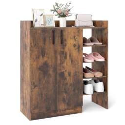 Costway Industrial Shoe Cabinet Shoe Wooden Storage Organizer w/4 Open Shelves in Brown - thumbnail 3