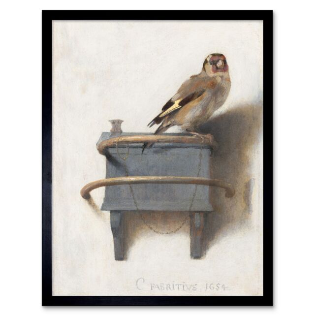 "Artery8 Wall Art Print The Goldfinch Carel Fabritius 1654 Painting Chained Bird on Perch Art Framed in Beige - Size: W12"" x H16""" - image 1