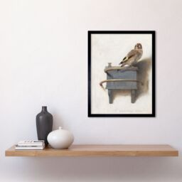 "Artery8 Wall Art Print The Goldfinch Carel Fabritius 1654 Painting Chained Bird on Perch Art Framed in Beige - Size: W12"" x H16""" - thumbnail 2