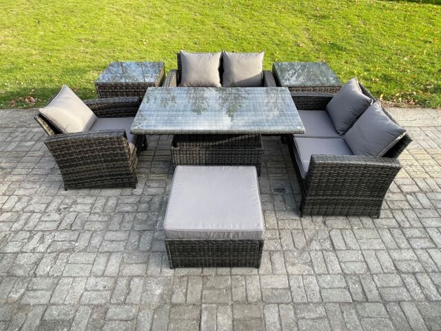 Fimous 7pcs Rattan Outdoor Garden Furniture Set Height Adjustable Rising Lifting Table Sofa Dining Set with 2 Side Tables Big Footstool in Dark Grey