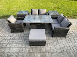 Fimous 7pcs Rattan Outdoor Garden Furniture Set Height Adjustable Rising Lifting Table Sofa Dining Set with 2 Side Tables Big Footstool in Dark Grey - thumbnail 1