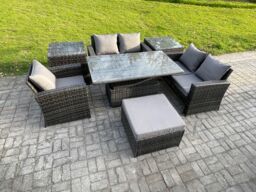 Fimous 7pcs Rattan Outdoor Garden Furniture Set Height Adjustable Rising Lifting Table Sofa Dining Set with 2 Side Tables Big Footstool in Dark Grey - thumbnail 2