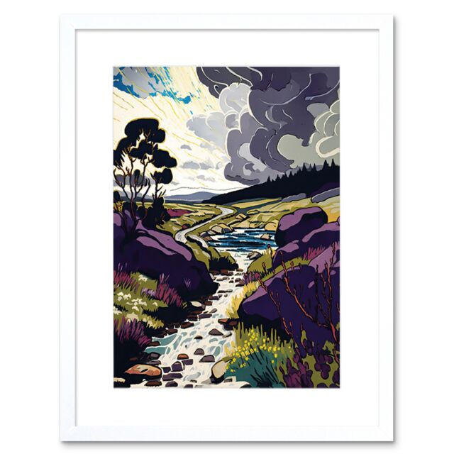 "Artery8 Wall Art Print Stormy Clouds over Stream Wild Scottish Landscape Artwork Framed 9X7 Inch in White - Size: W7"" x H9""" - image 1