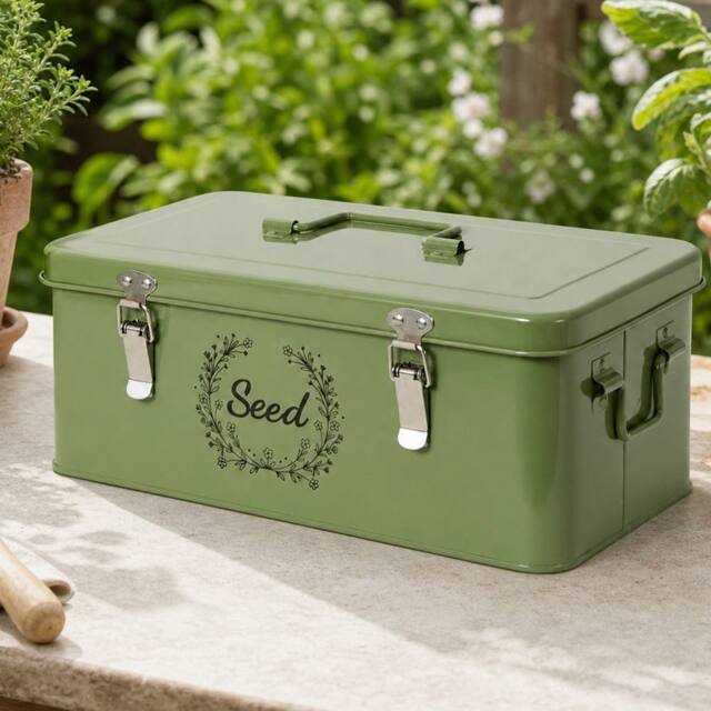 Toque Seed Box, 4-Compartment Storage Box, Metal Seed Organiser, Dark Green - image 1