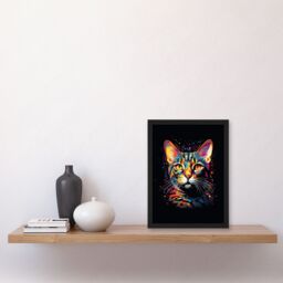 "Artery8 Wall Art Print Bengal Cat Lover Gift Pet Portrait Orange Purple Blue on Black Artwork Painting Art Framed - Size: W12"" x H16""" - thumbnail 4