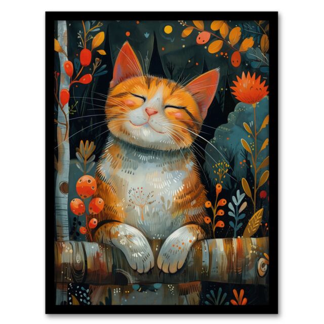 Artery8 Wall Art Print Happy Ginger Tabby in Nature Cat Lover Painting Art Framed Poster in Black - Size: A4 - image 1