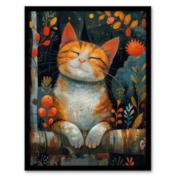 Artery8 Wall Art Print Happy Ginger Tabby in Nature Cat Lover Painting Art Framed Poster in Black - Size: A4 - thumbnail 1
