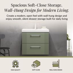 Balterley Wall Hung 2 Drawers Vanity Unit - Thin-Edge Basin 600mm, Satin Green - thumbnail 3