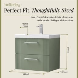 Balterley Wall Hung 2 Drawers Vanity Unit - Thin-Edge Basin 600mm, Satin Green - thumbnail 5