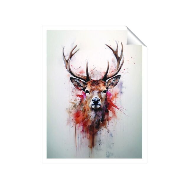"Warren Reed - Designer Watercolour Splashart Stag Face Unframed Art Print - Size: W12"" x H16""" - image 1