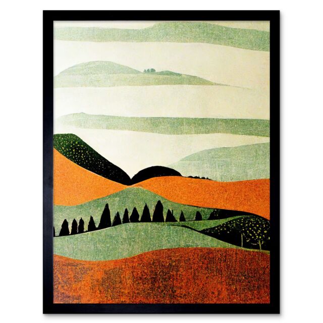 "Artery8 Wall Art Print Abstract Eclectic Tangerine & Olive Nature Landscape Linocut Minimalism Drawing Art Framed in Black - Size: W12"" x H16""" - image 1