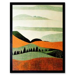 "Artery8 Wall Art Print Abstract Eclectic Tangerine & Olive Nature Landscape Linocut Minimalism Drawing Art Framed in Black - Size: W12"" x H16""" - thumbnail 1