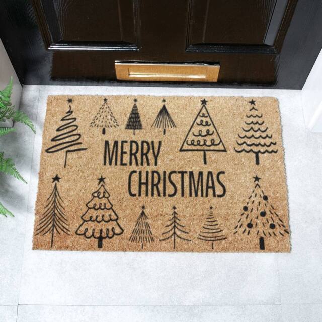 Artsy Mats Merry Christmas Tree Pattern Coir Doormat (60 x 40cm) in Brown - Size: 40 x 60 cm - image 1