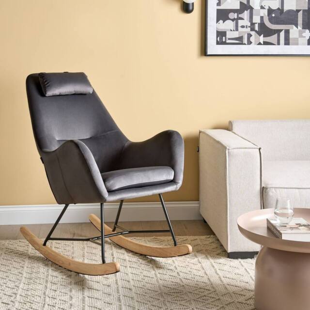 Wyld and Coco Grey Velvet Rocking Chair - Wooden Rockers Metal Legs - image 1