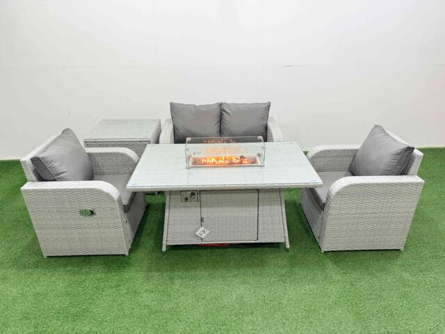 Fimous Light Grey PE Wicker Rattan Garden Furniture Set Sofa Set Reclining Chair Firepit Dining Table 4 Seater With Side Table - image 1