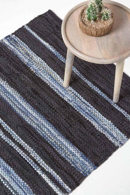 Homescapes Texas Leather & Denim Woven Striped Blue Rug - Size: 90 cm x 150 cm - image 1