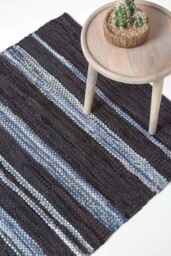 Homescapes Texas Leather & Denim Woven Striped Blue Rug - Size: 90 cm x 150 cm - thumbnail 1