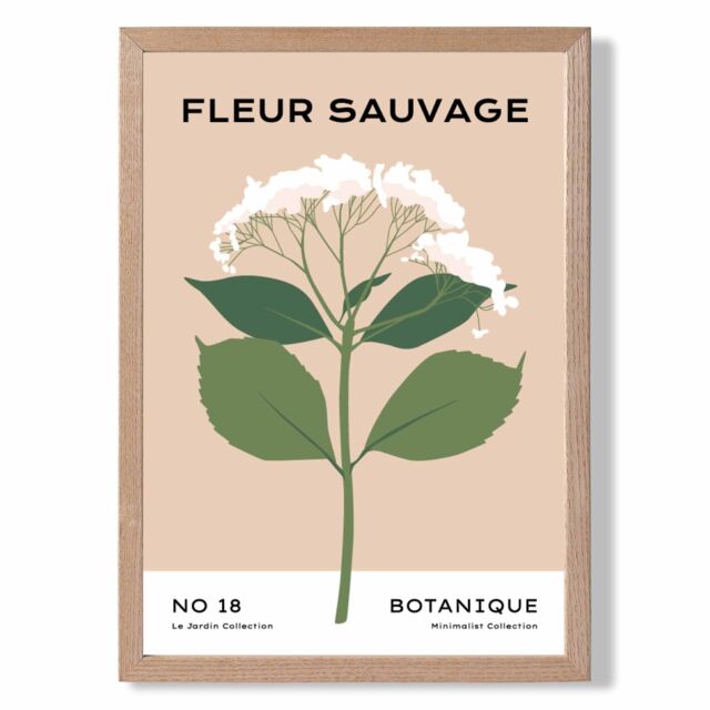 ARTZE Beige & Green Wildflower Flower Market Minimalist Framed Print SIZE: A4 with Oak Frame - image 1