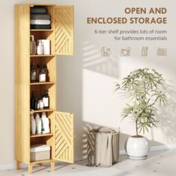 HOMCOM Tall Bathroom Cabinet with Open Compartments & Adjustable Shelves in Natural - thumbnail 4