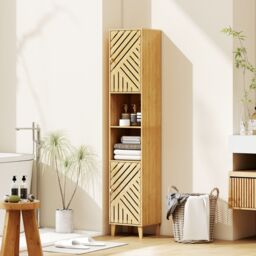 HOMCOM Tall Bathroom Cabinet with Open Compartments & Adjustable Shelves in Natural