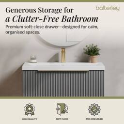 Balterley Fluted Front Wall Hung 1 Drawer Vanity Basin Unit, Satin Grey, 800mm in Grey - thumbnail 3
