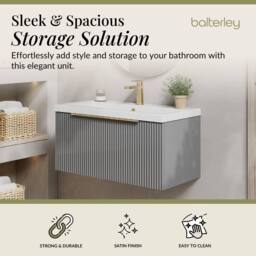 Balterley Fluted Front Wall Hung 1 Drawer Vanity Basin Unit, Satin Grey, 800mm in Grey - thumbnail 2